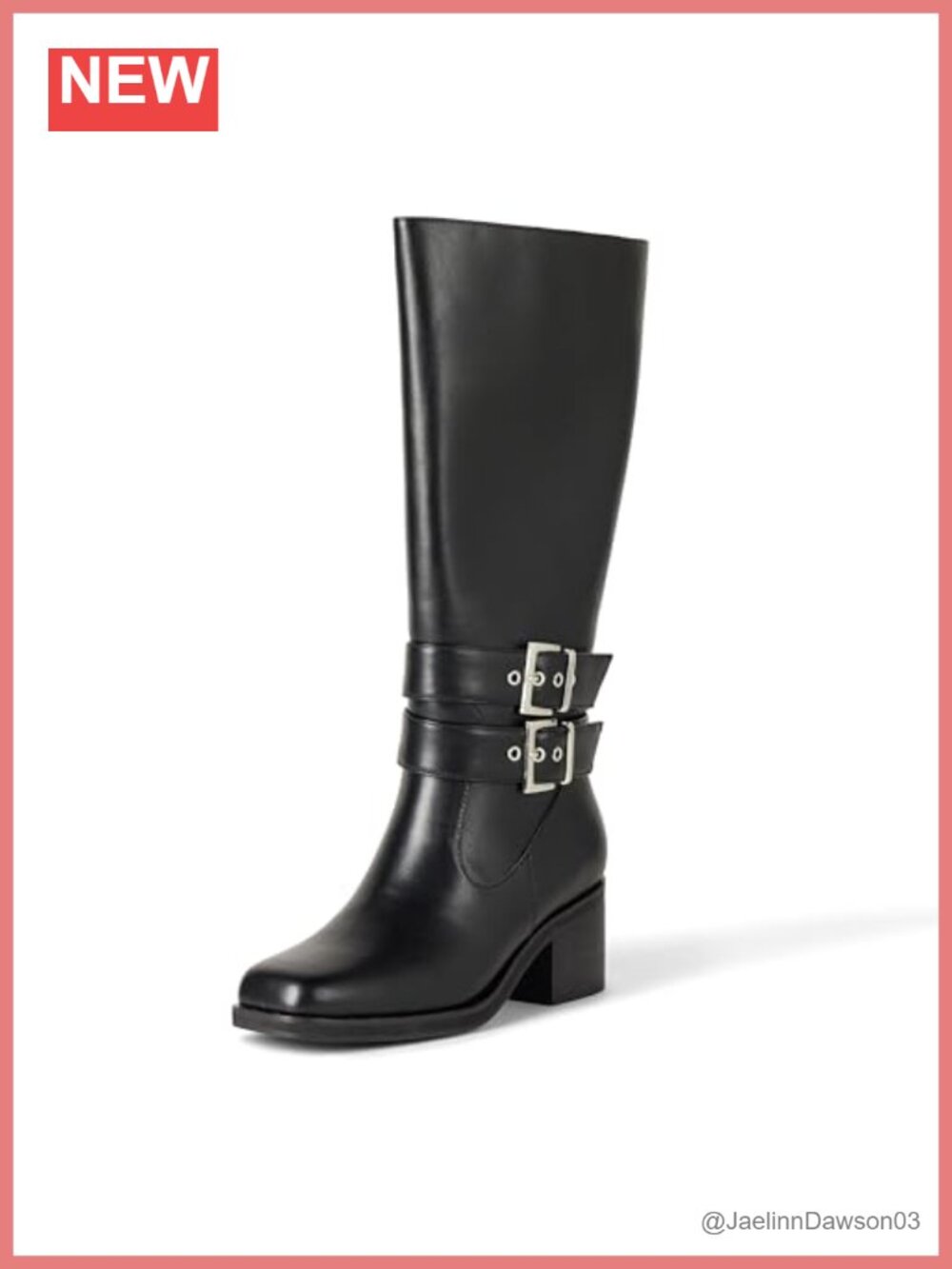 Tall Knee-High Biker Boots with Buckles, 2.5 in Block Heel, PU Leather